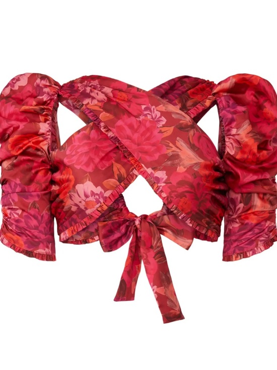 For Love And Lemons Tops - For Love & Lemons Red Floral Off-Shoulder Tie-Front Crop Top